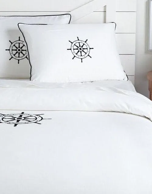 Luxe Nautique Bedding: Embroidered Ship's Wheel Bedding