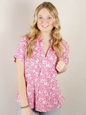 Magenta and White Floral V-Neck Blouse