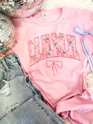 Mama Pink Floral Bow Short Sleeve Graphic Tee