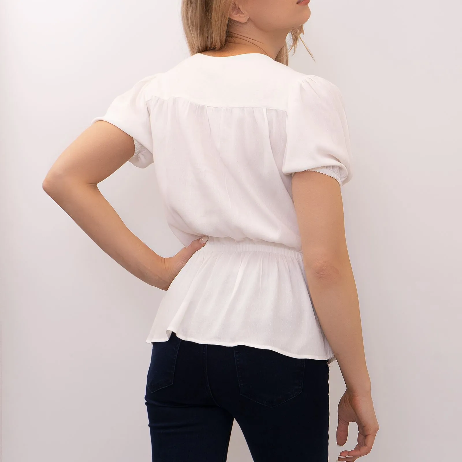 M&S Ivory Blouse Elasticated Waist Short Sleeve V-Neckline Tops