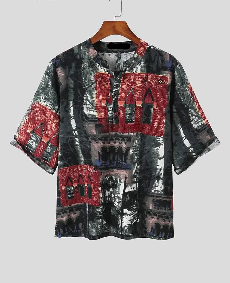 Mandarin Collar Abstrac Printed Short Sleeve Shirt