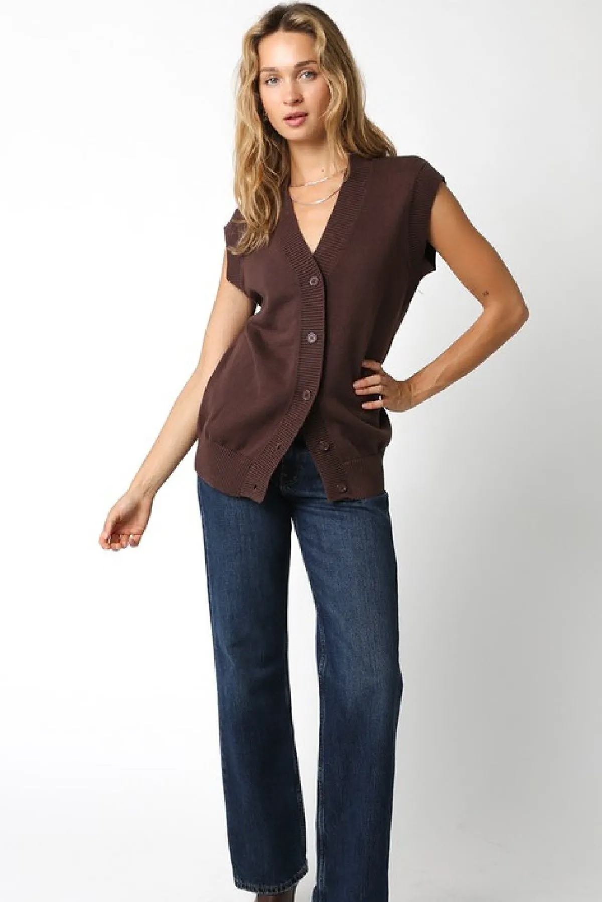 Marina Sleeveless Button Down Sweater Vest Brown
