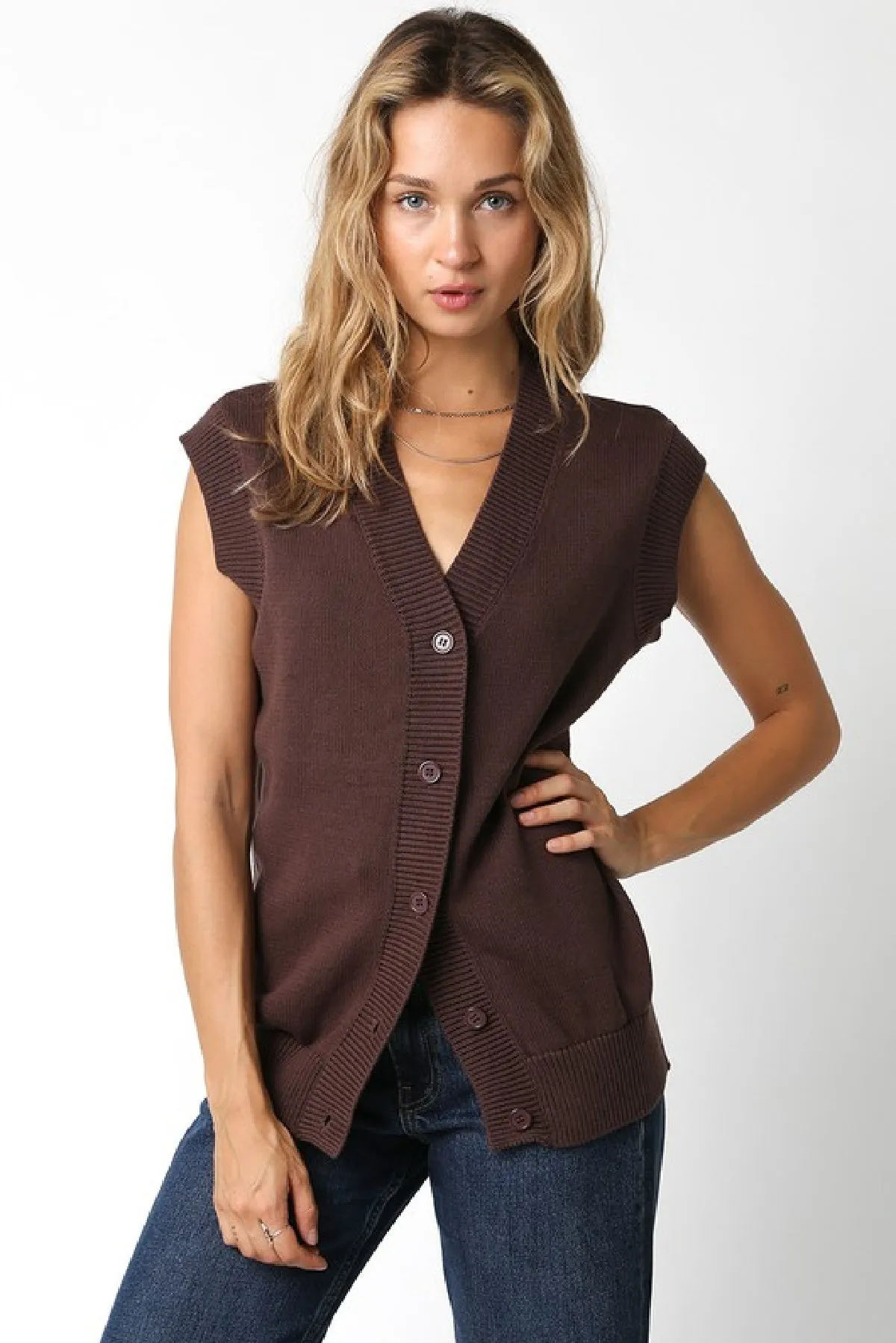 Marina Sleeveless Button Down Sweater Vest Brown