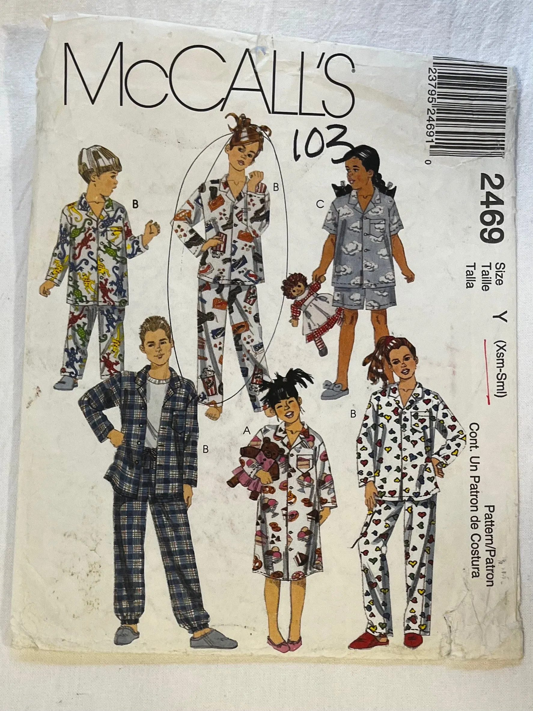 McCall's 2469 Sewing Pattern UNCUT Childrens' Nightshirt, Top, Shorts, & Pants Sizes XS/S