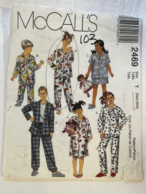 McCall's 2469 Sewing Pattern UNCUT Childrens' Nightshirt, Top, Shorts, & Pants Sizes XS/S