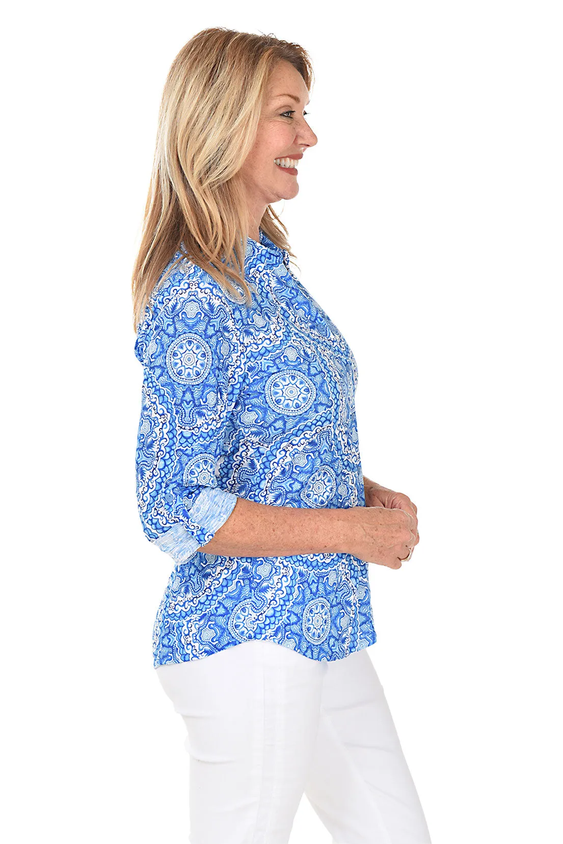 Medallion Roll-Tab Button-Front Knit Top