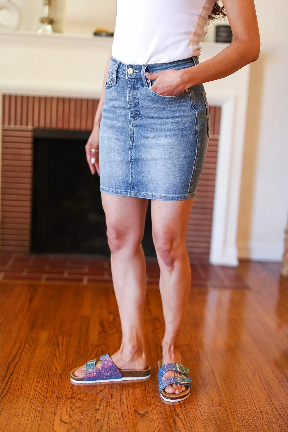Medium Wash High Rise Tummy Control Denim Skirt