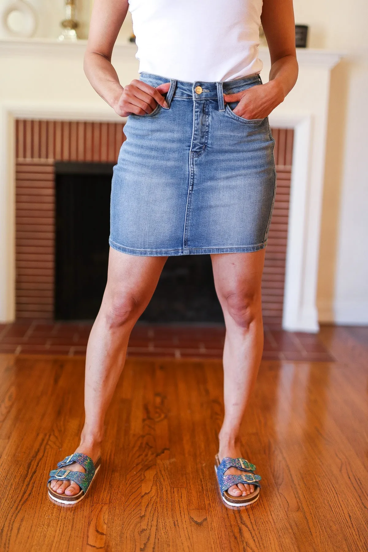 Medium Wash High Rise Tummy Control Denim Skirt