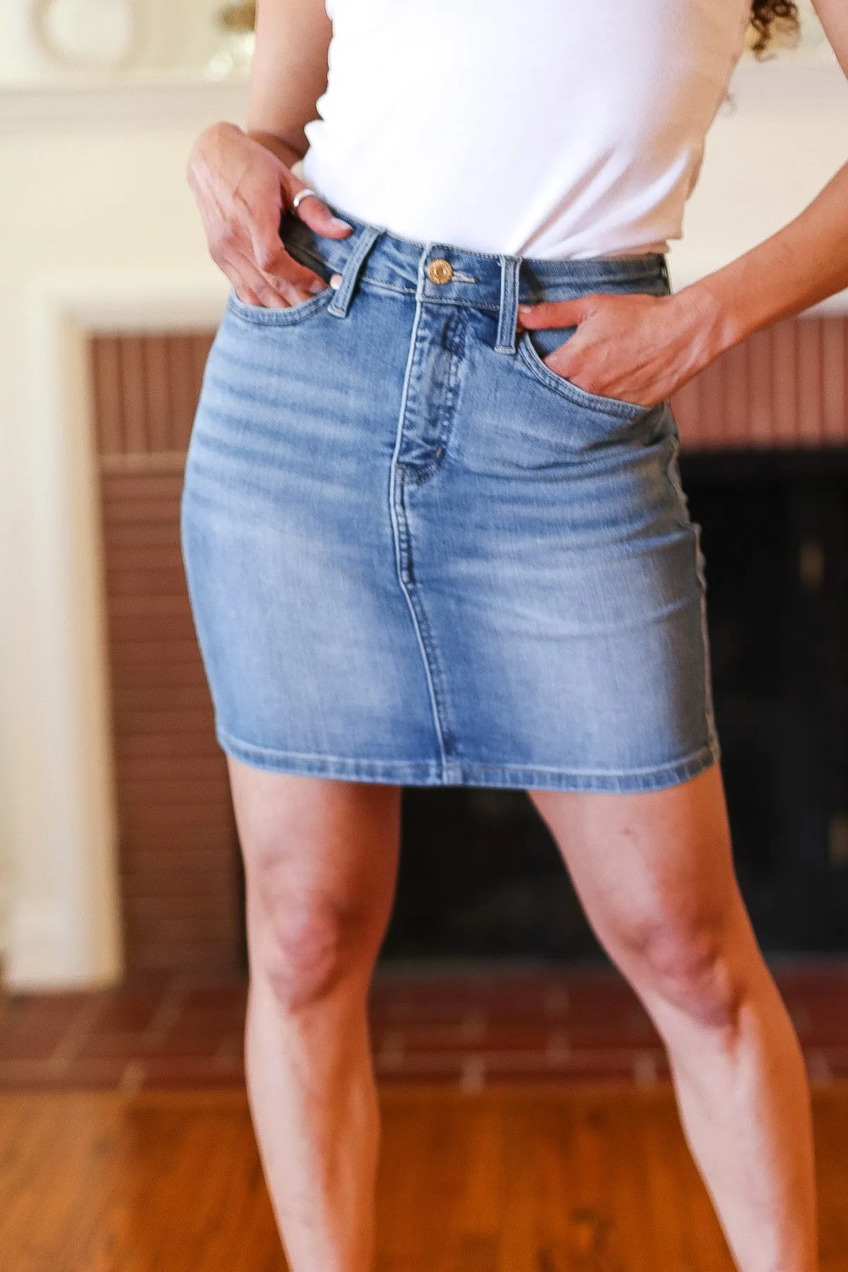 Medium Wash High Rise Tummy Control Denim Skirt