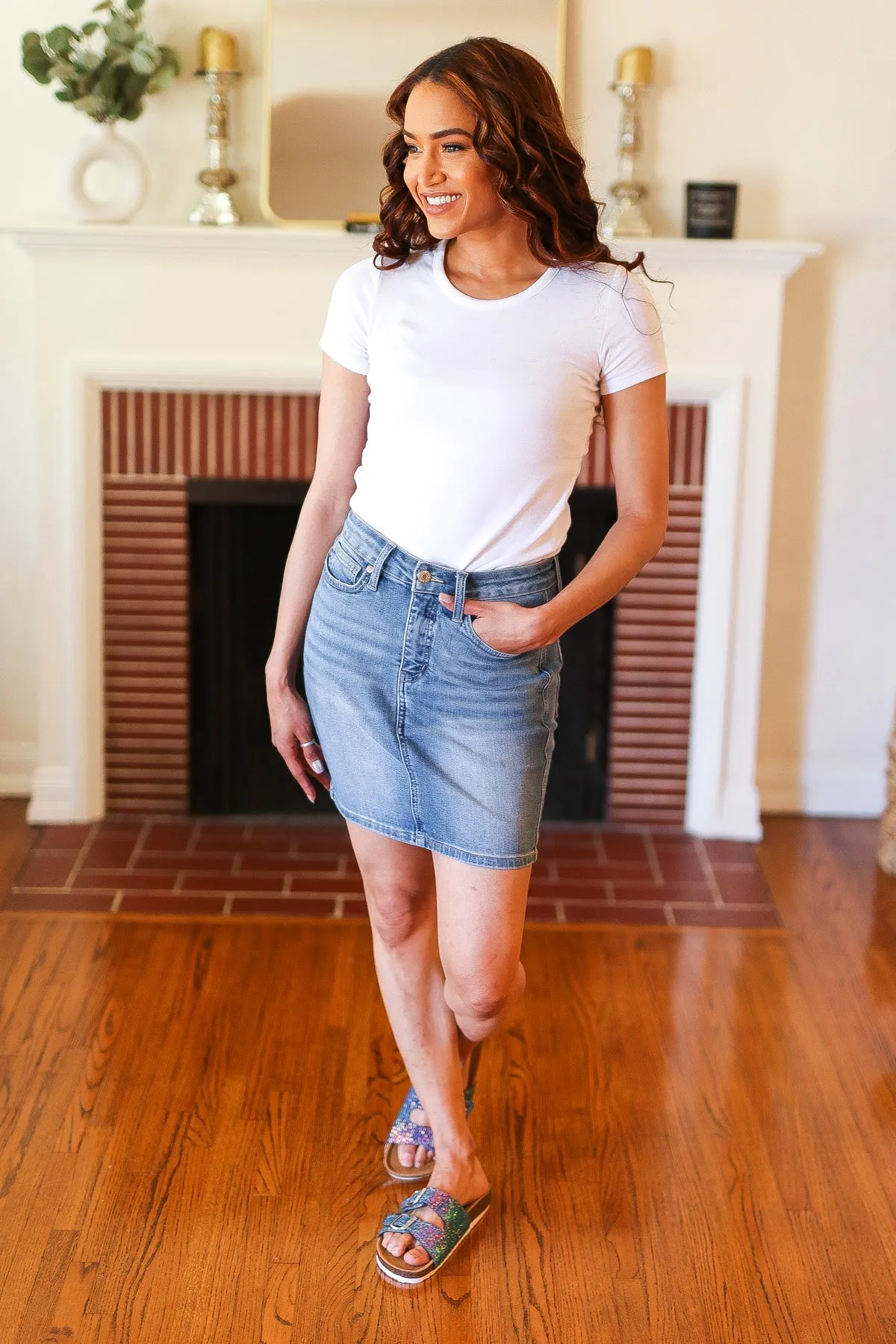 Medium Wash High Rise Tummy Control Denim Skirt
