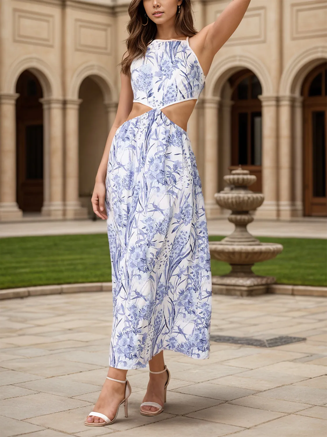 MeiMei Cutout Printed Sleeveless Midi Dress