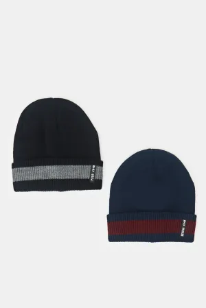 Men Black And Navy Knitted Cap Set (Pack Of 2)