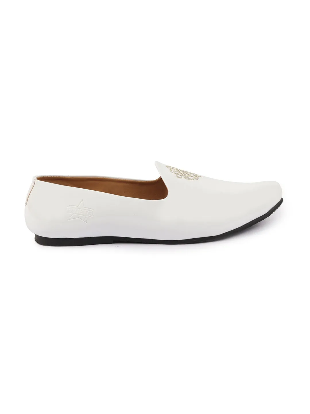 Men White Patent Glossy Ethnic Embroidered Design Slip On Shiny Juttis & Mojaris For Party|Wedding|Festival