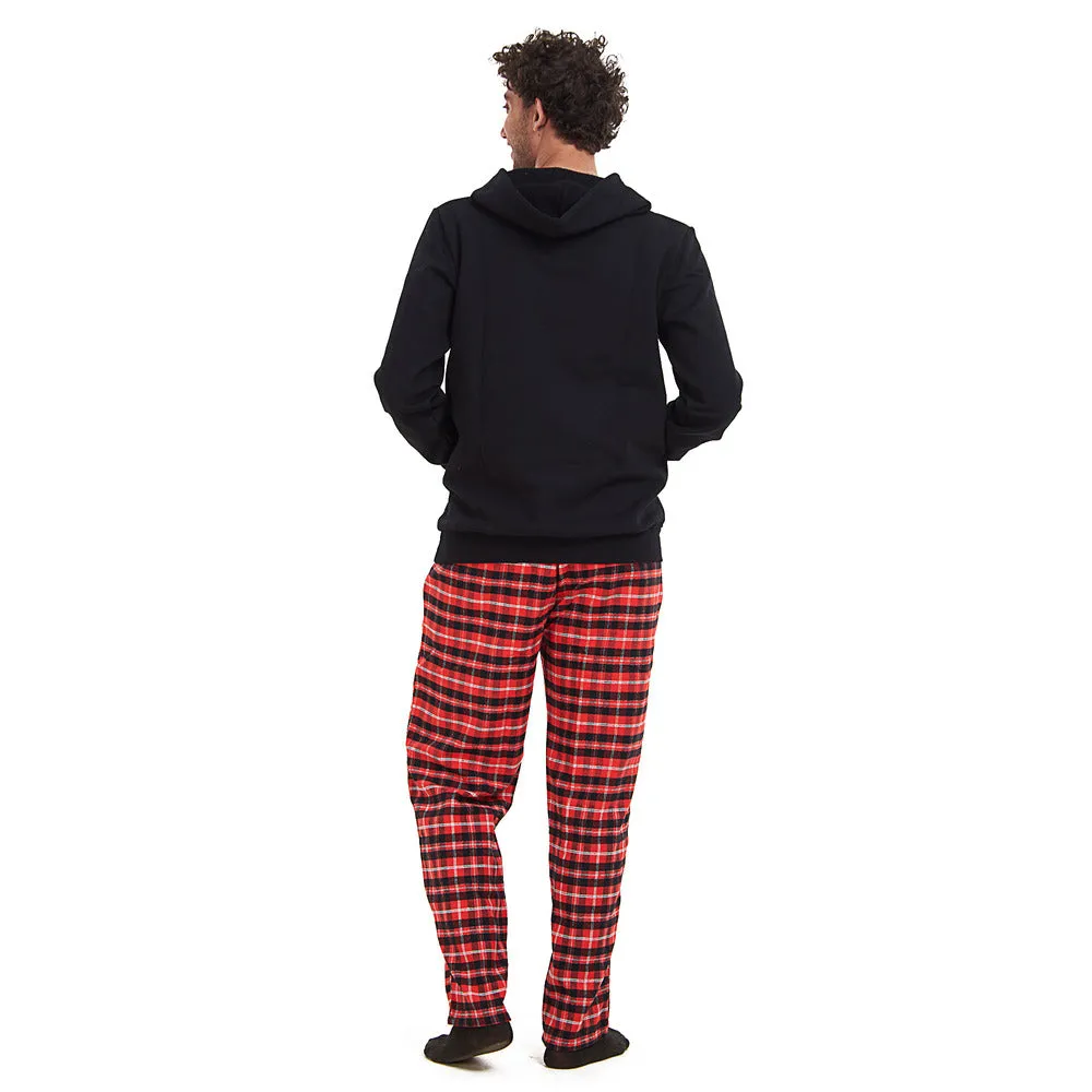 Men Winter Pajama Set Black Hoodie   Red x Black Checkered Pants