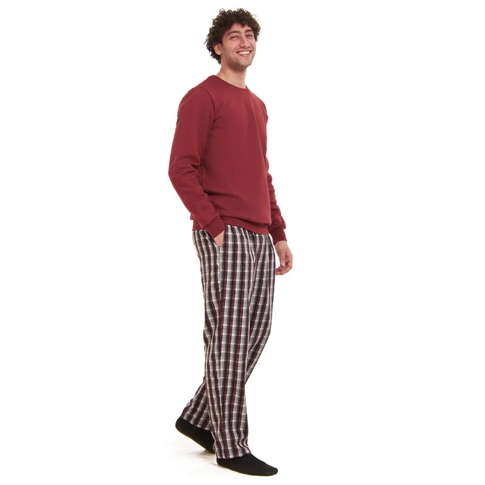 Men Winter Pajama Set Dark Red Sweatshirt   Dark Red x Black Checkered Pants