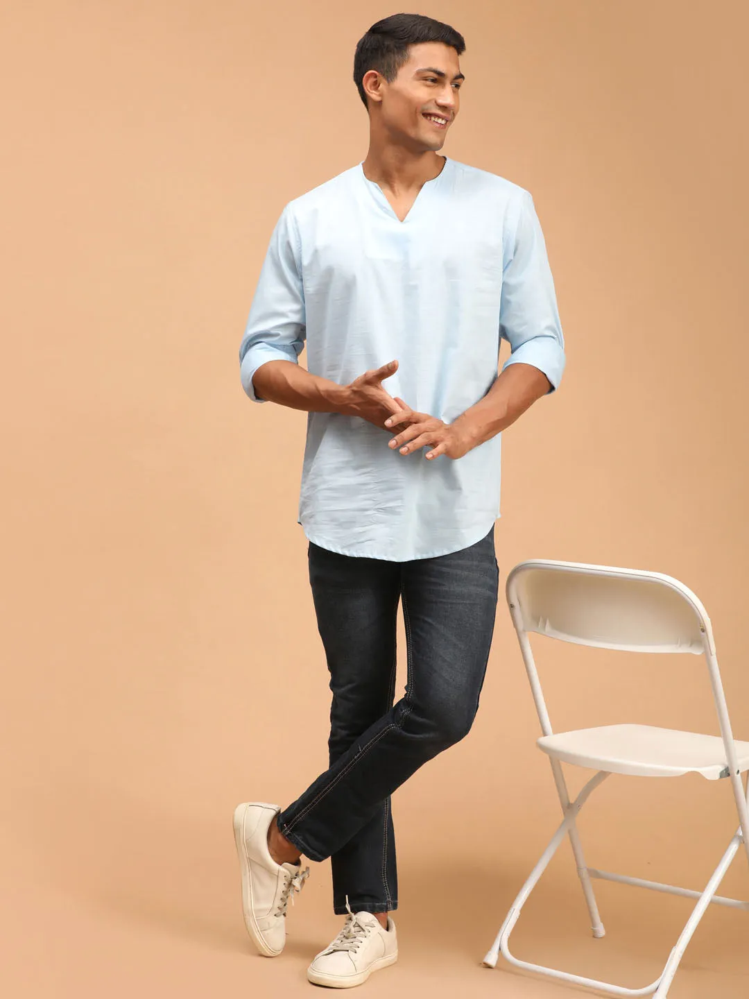 Men's Aqua Cotton Blend Short Kurta - Vastramay
