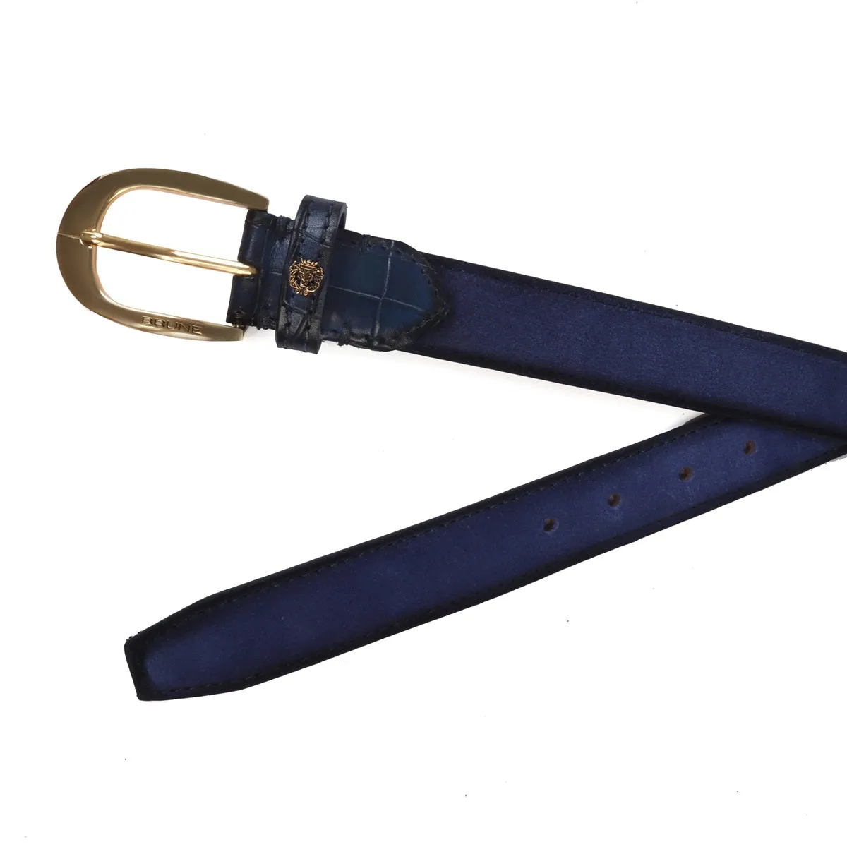 Men's Belt with Mini Lion Blue Suede Leather Oval Shape Buckle