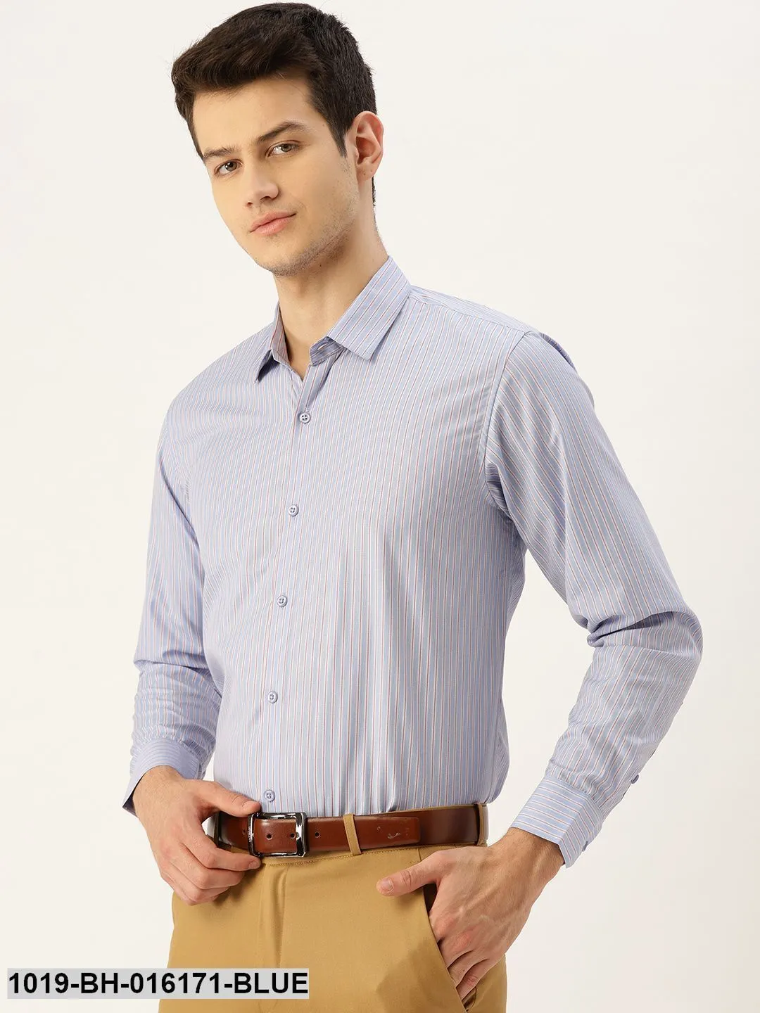 Men's Cotton Blue & Off White Striped Formal Shirt - Sojanya