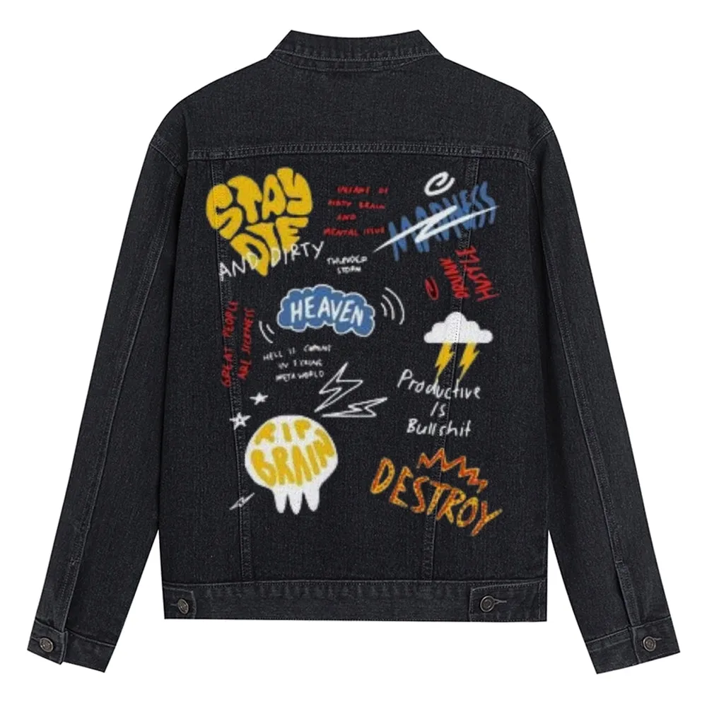 Mens Cute Cartoon Graphic Button Up Denim Jacket