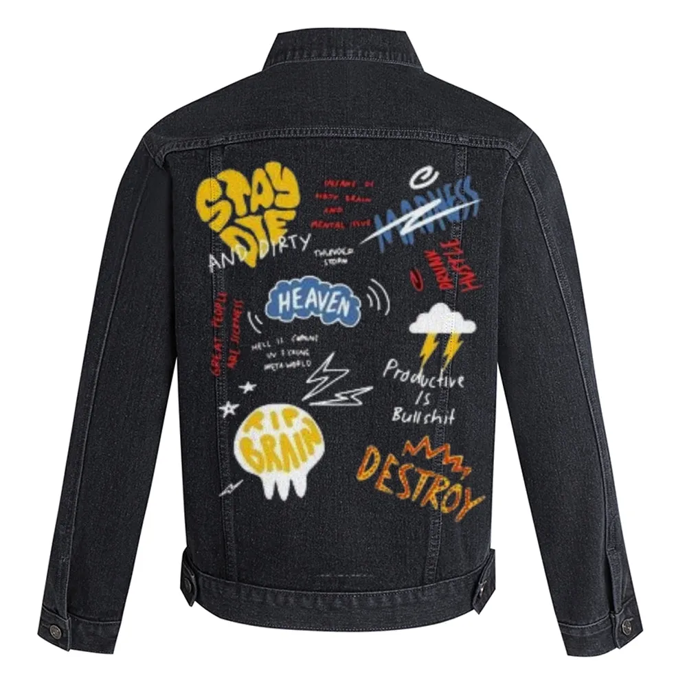 Mens Cute Cartoon Graphic Button Up Denim Jacket