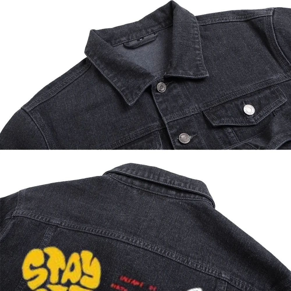 Mens Cute Cartoon Graphic Button Up Denim Jacket