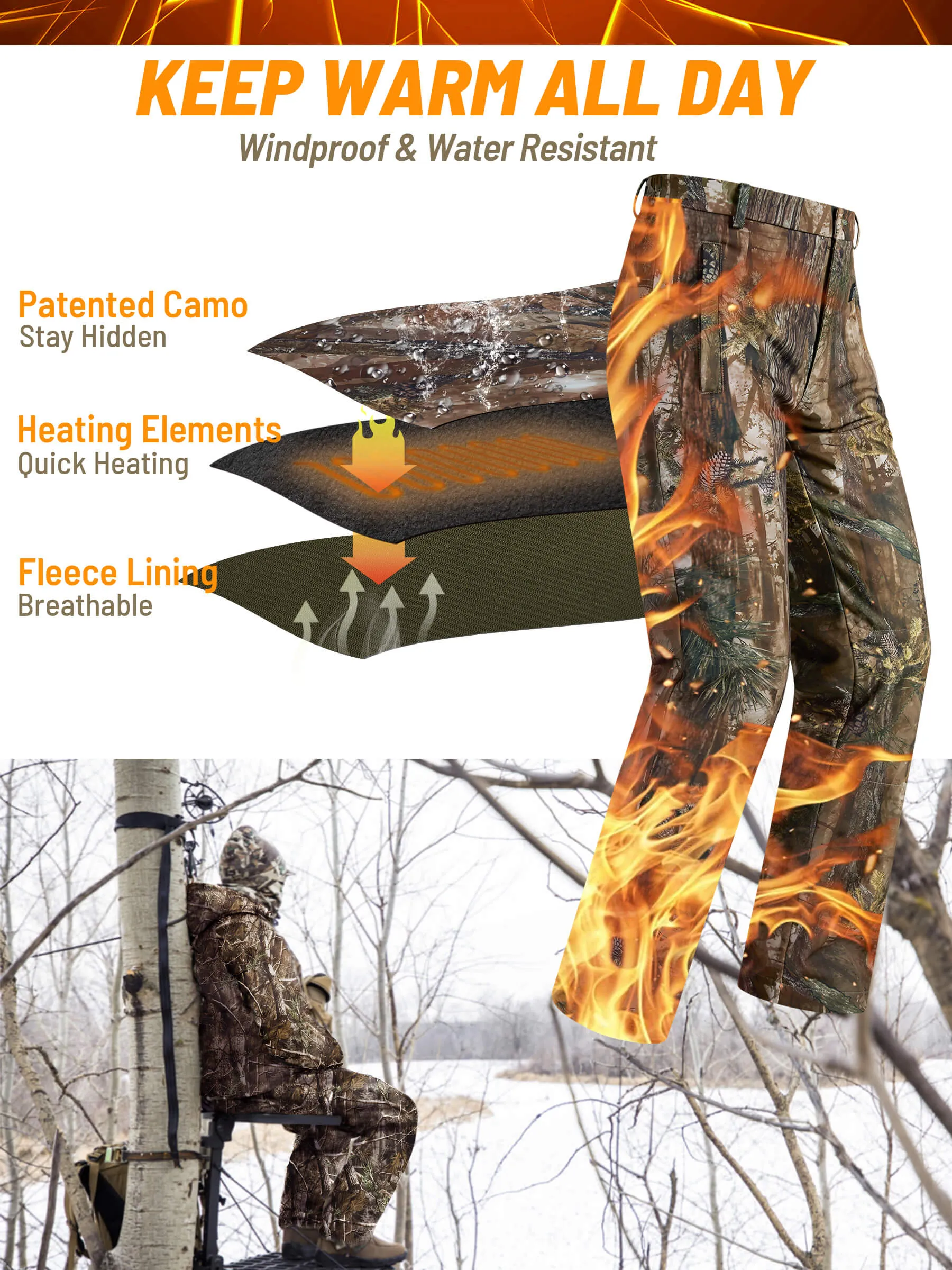 Men's Heated Pants for Hunting, 3 Heating Zones, Power Bank Included