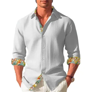 Men's Linen Solid Color Lace Long Sleeve Shirt 21014893YM