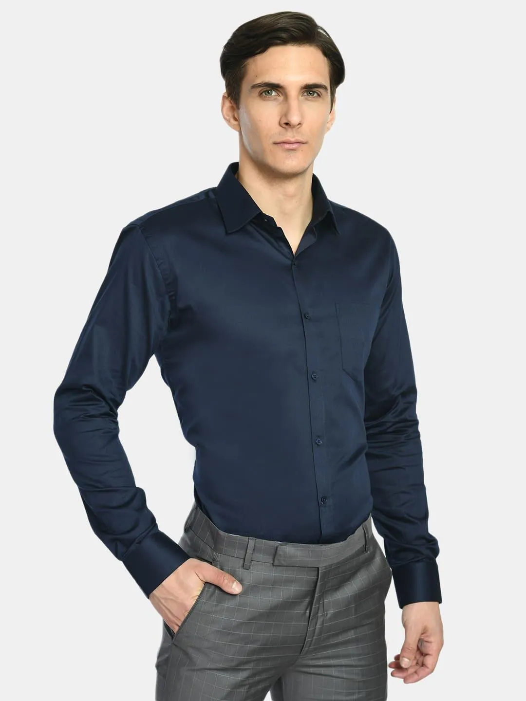 Men's Navy Spread Collar Solid Giza Cotton Formal Shirt