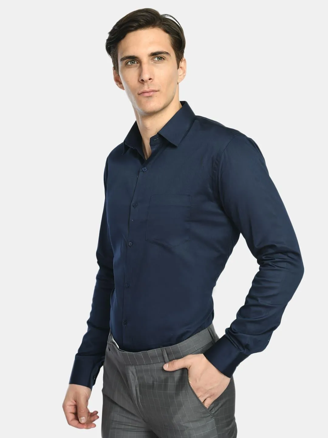 Men's Navy Spread Collar Solid Giza Cotton Formal Shirt