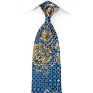 Men's Rhinestone Silk Tie Gold Floral On Blue With Gold Sparkles Too