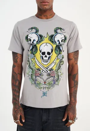 Mens Skull And Drag Battle Diamante Tshirt - Grey