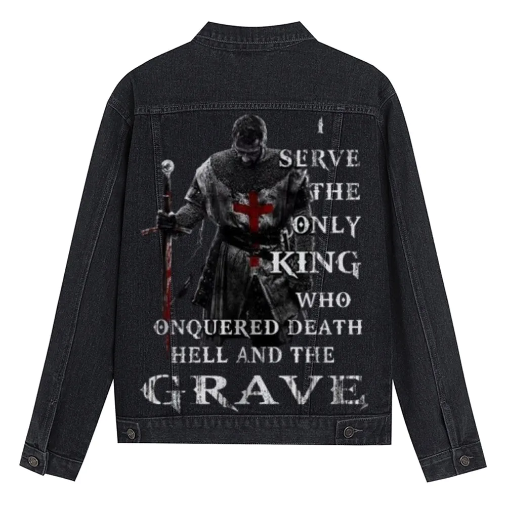 Mens Vintage I SERVE THE ONLY KING Graphic Denim Jacket