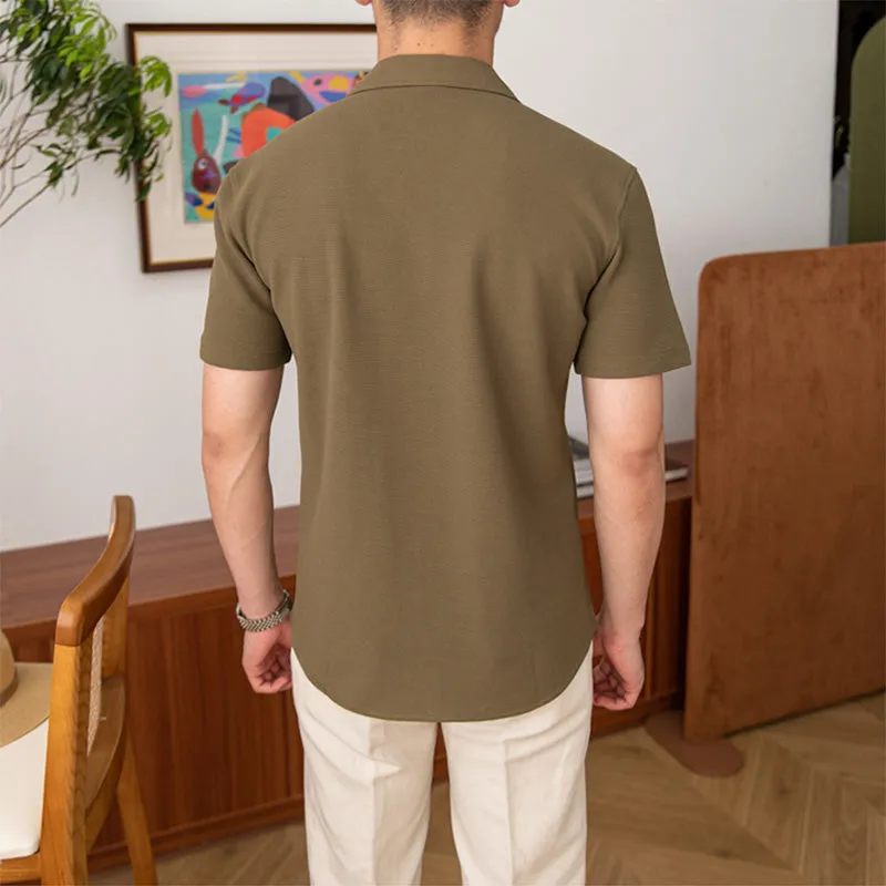 Men's Waffle Cuban Collar Slim Fit Stretch Short Sleeve Shirt