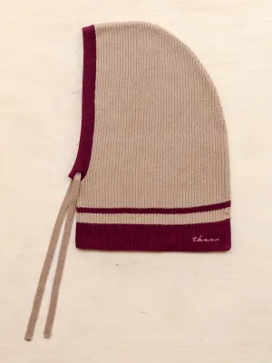 Merino hood in camel and red