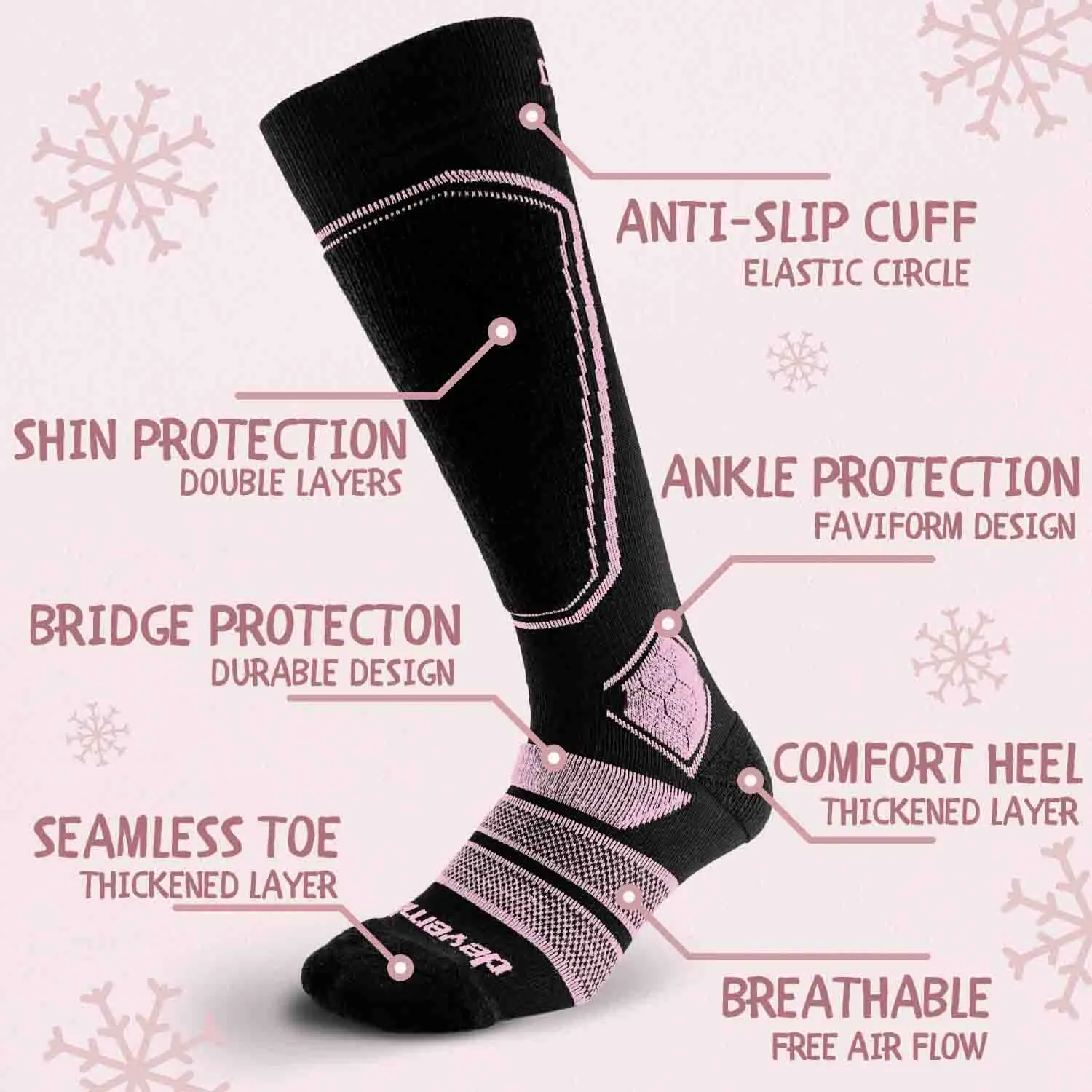 Merino Wool Ski Socks & Snowboard Socks for Kids (Black & Pink)
