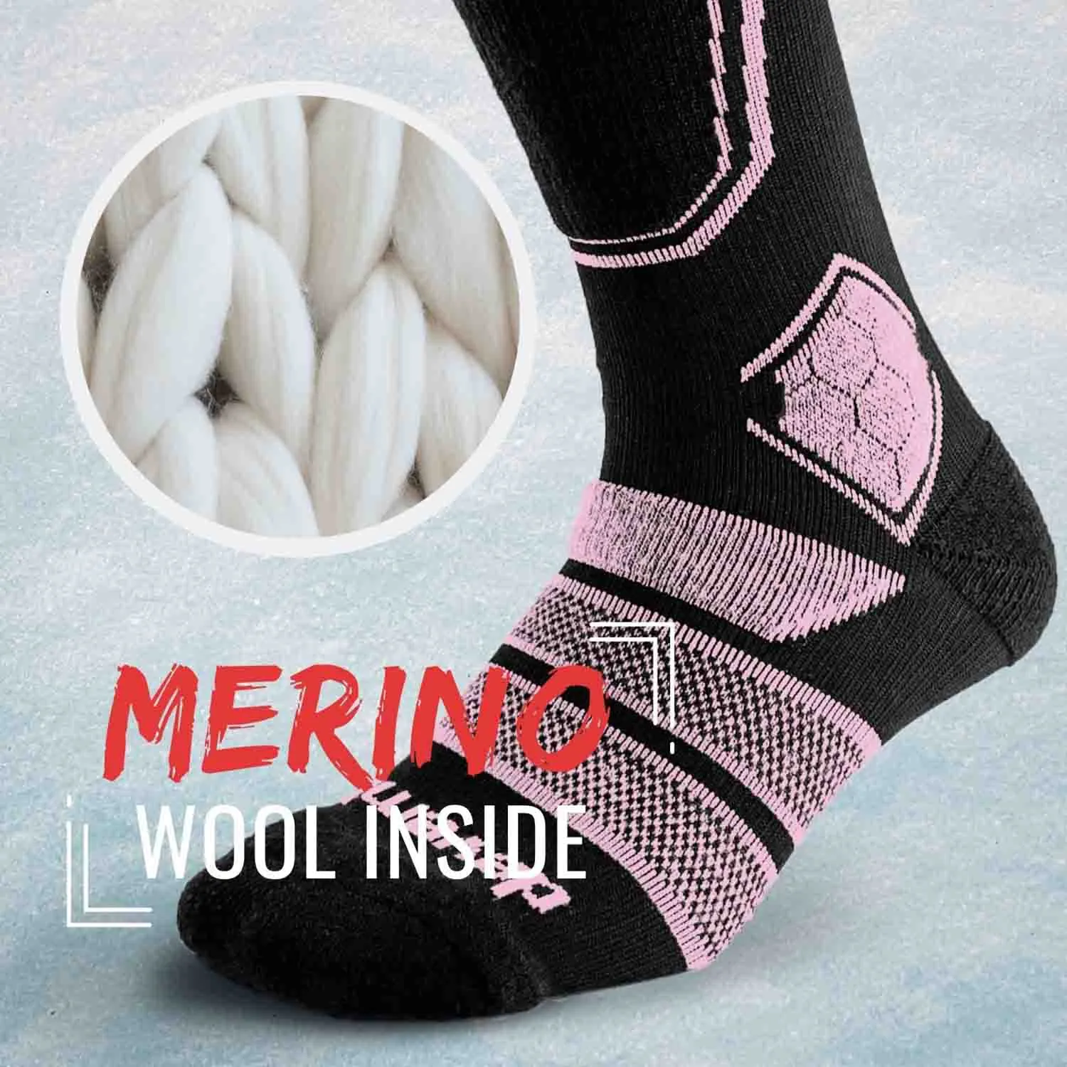 Merino Wool Ski Socks & Snowboard Socks for Kids (Black & Pink)