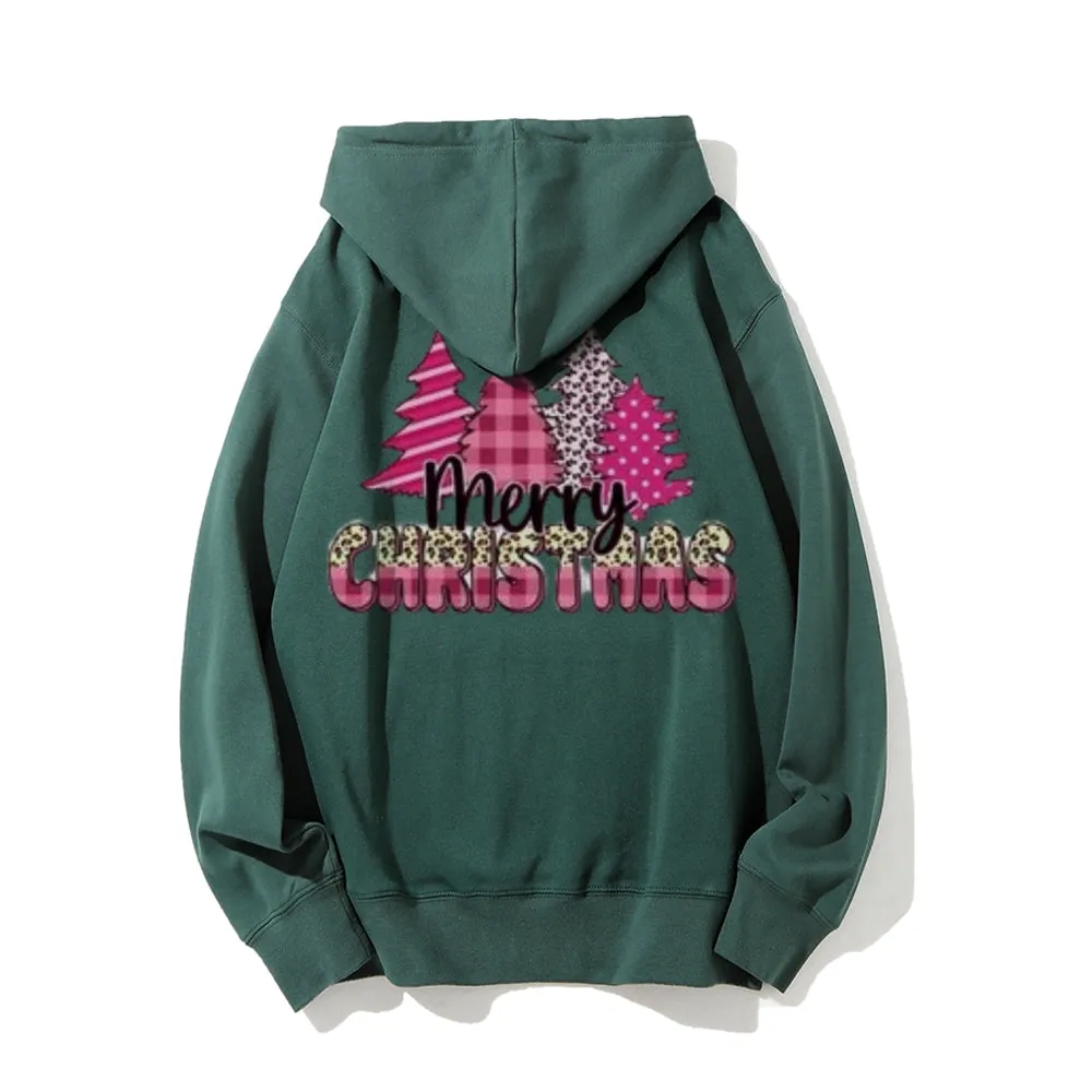 Merry Christmas Tree Graphic Pullover With Kangaroo Pocket Hoodies