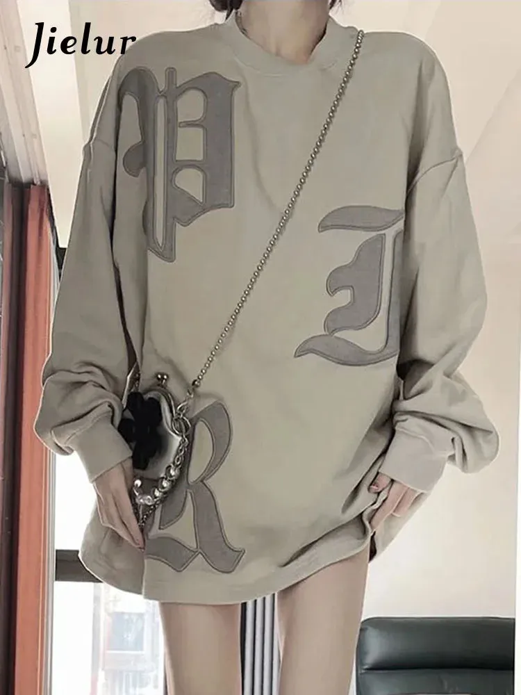 Metaversmall Solid Color Embroidery Loose Female Hoodies Casual Office Ladies O-neck Pullovers Simple Women Hoodie Fashion Streetwear