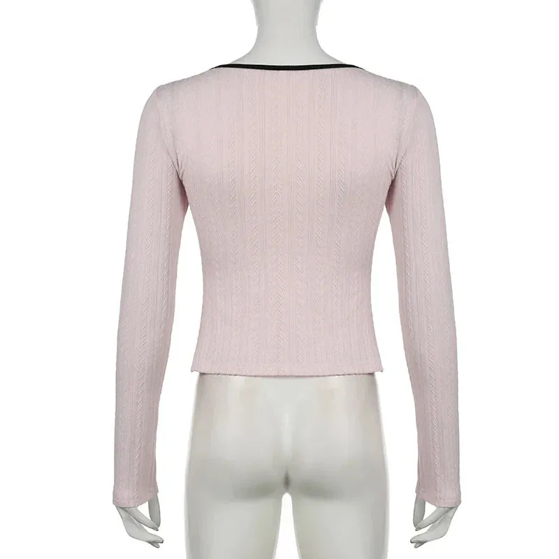 Metaversmall Sweet Korean Square Neck Slim Women T-shirts Bow Ruched Stitching Autumn Top Tee Coquette Clothes Girls Knitted Shirt