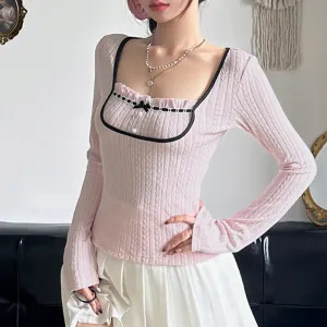 Metaversmall Sweet Korean Square Neck Slim Women T-shirts Bow Ruched Stitching Autumn Top Tee Coquette Clothes Girls Knitted Shirt