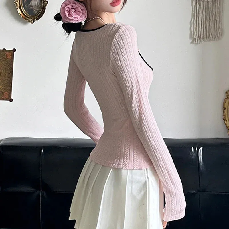 Metaversmall Sweet Korean Square Neck Slim Women T-shirts Bow Ruched Stitching Autumn Top Tee Coquette Clothes Girls Knitted Shirt