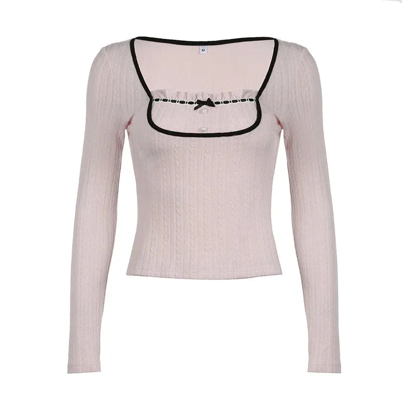 Metaversmall Sweet Korean Square Neck Slim Women T-shirts Bow Ruched Stitching Autumn Top Tee Coquette Clothes Girls Knitted Shirt