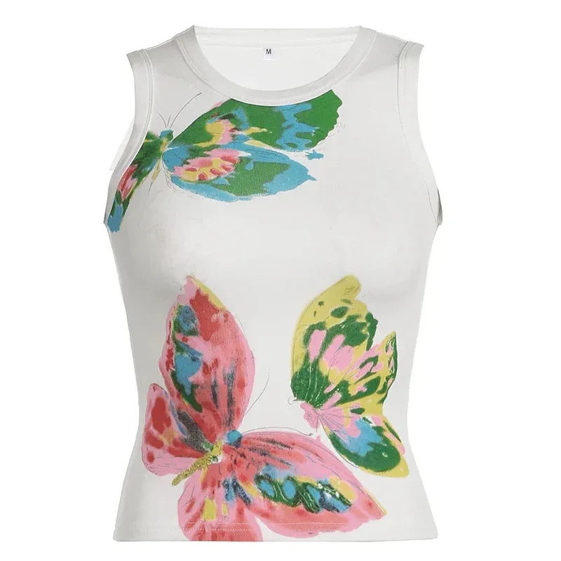 Metaversmall Y2K Aesthetic Butterfly Printed Knit Slim Summer Tank Top Sleeveless Vest Harajuku Retro Crop Tops Kawaii Korean Tees