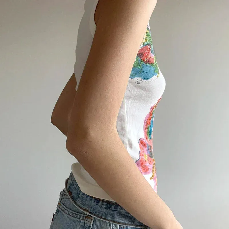 Metaversmall Y2K Aesthetic Butterfly Printed Knit Slim Summer Tank Top Sleeveless Vest Harajuku Retro Crop Tops Kawaii Korean Tees