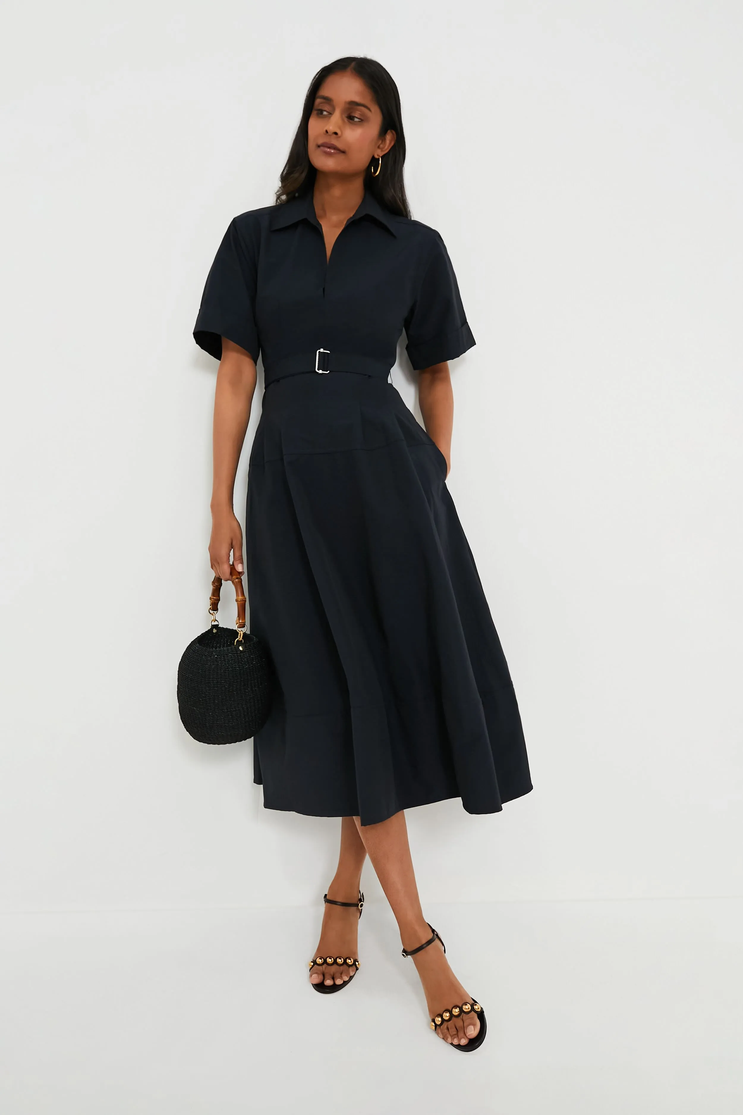 Midnight Deanna Short Sleeve Belted Midi Dress