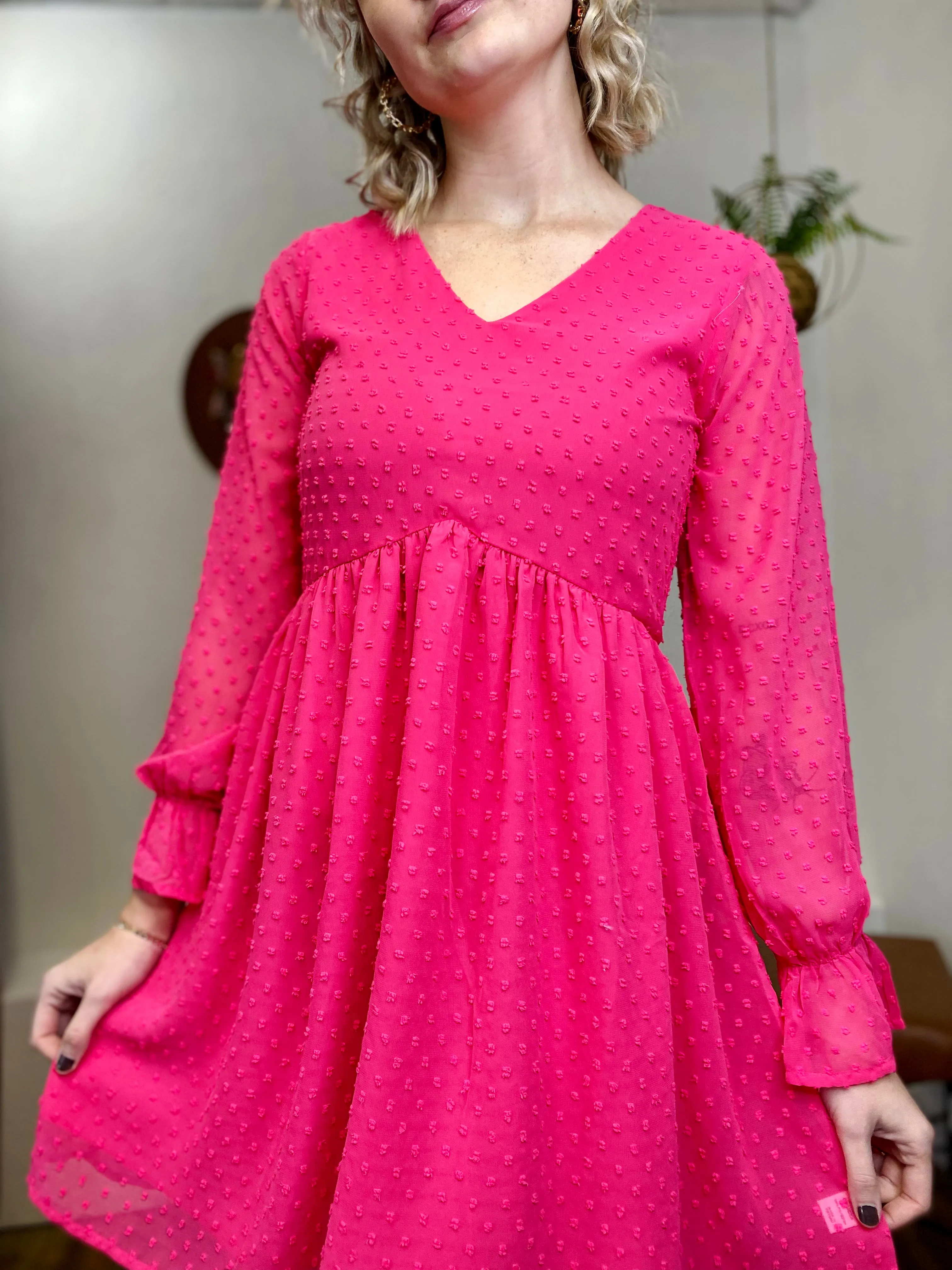 Midnights Long Sleeve Dot Dress - Fuschia