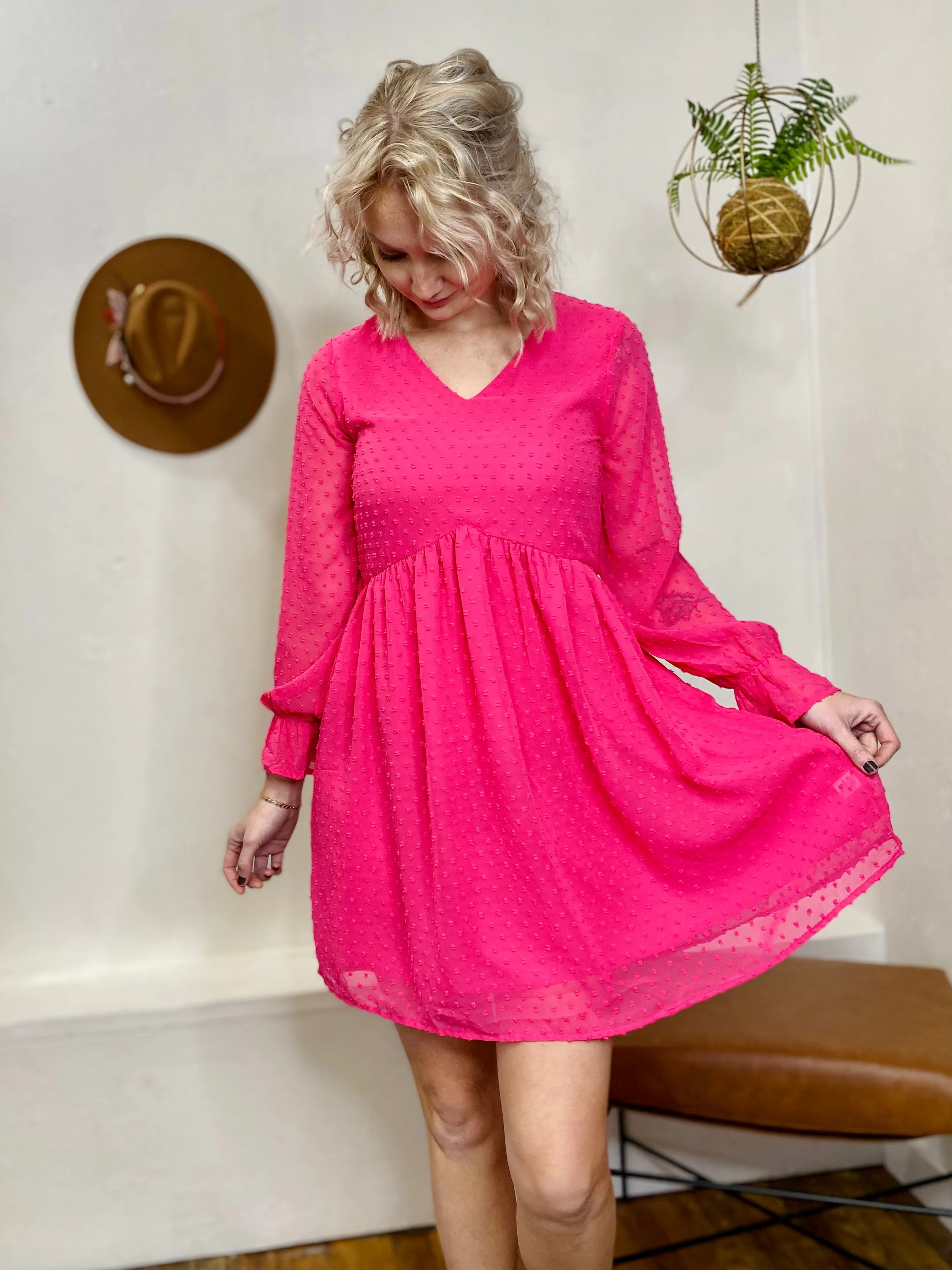 Midnights Long Sleeve Dot Dress - Fuschia