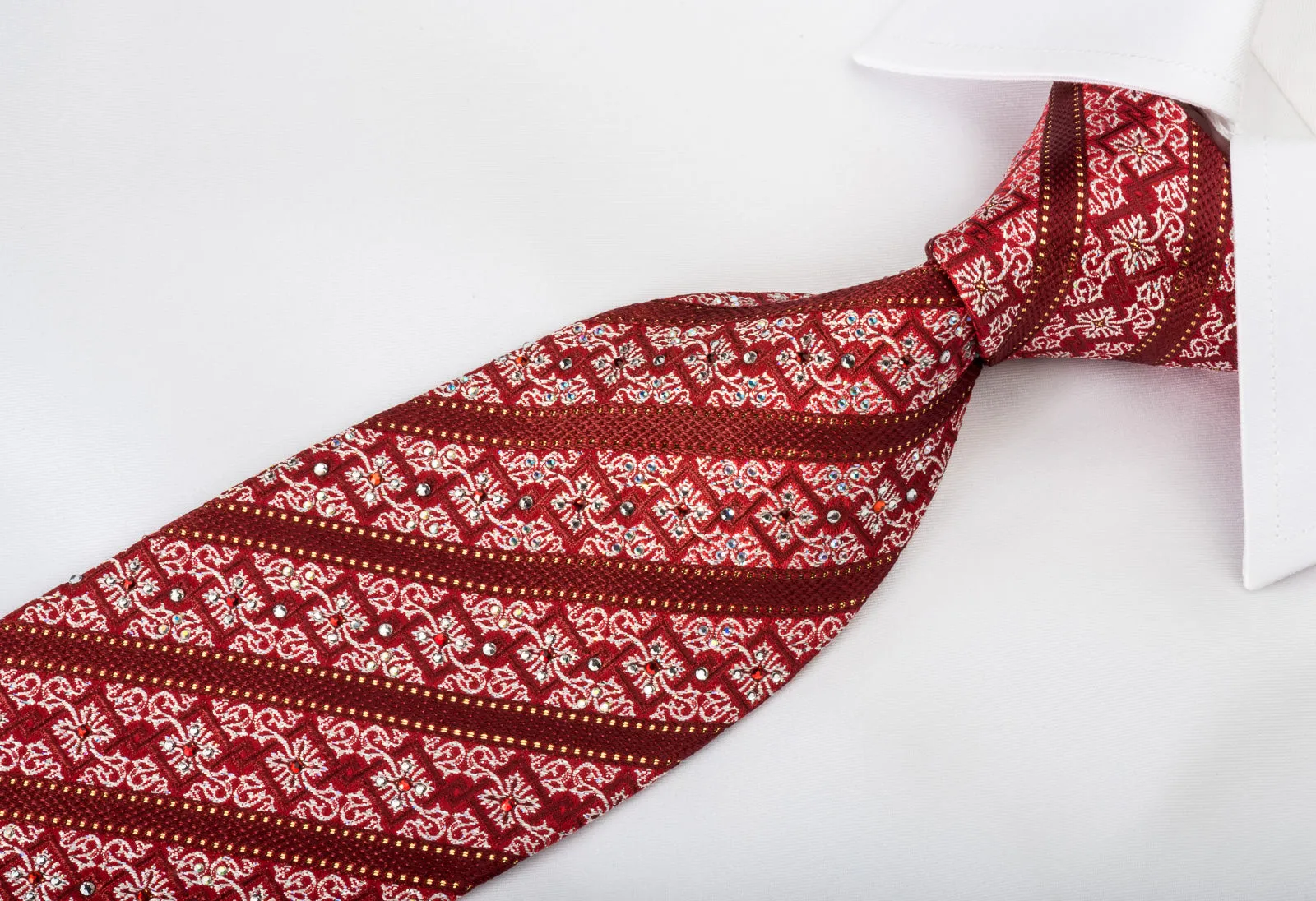 Mila Schon Rhinestone Silk Tie Burgundy Striped & Silver Cartouche On Red