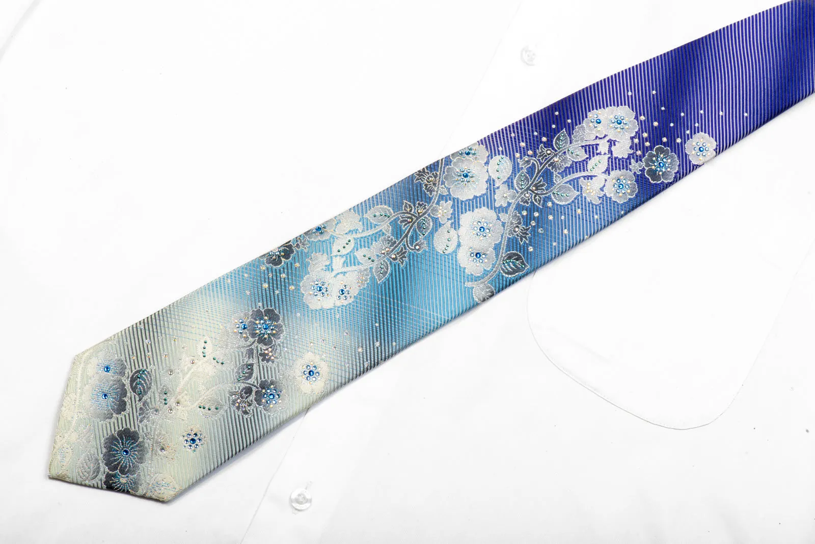 Mila Schon Rhinestone Silk Tie Silver Floral On Purple Blue With Sparkles