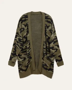 Mildred Camo Print Front Pocket Cardigan | Olive Green / Light Green